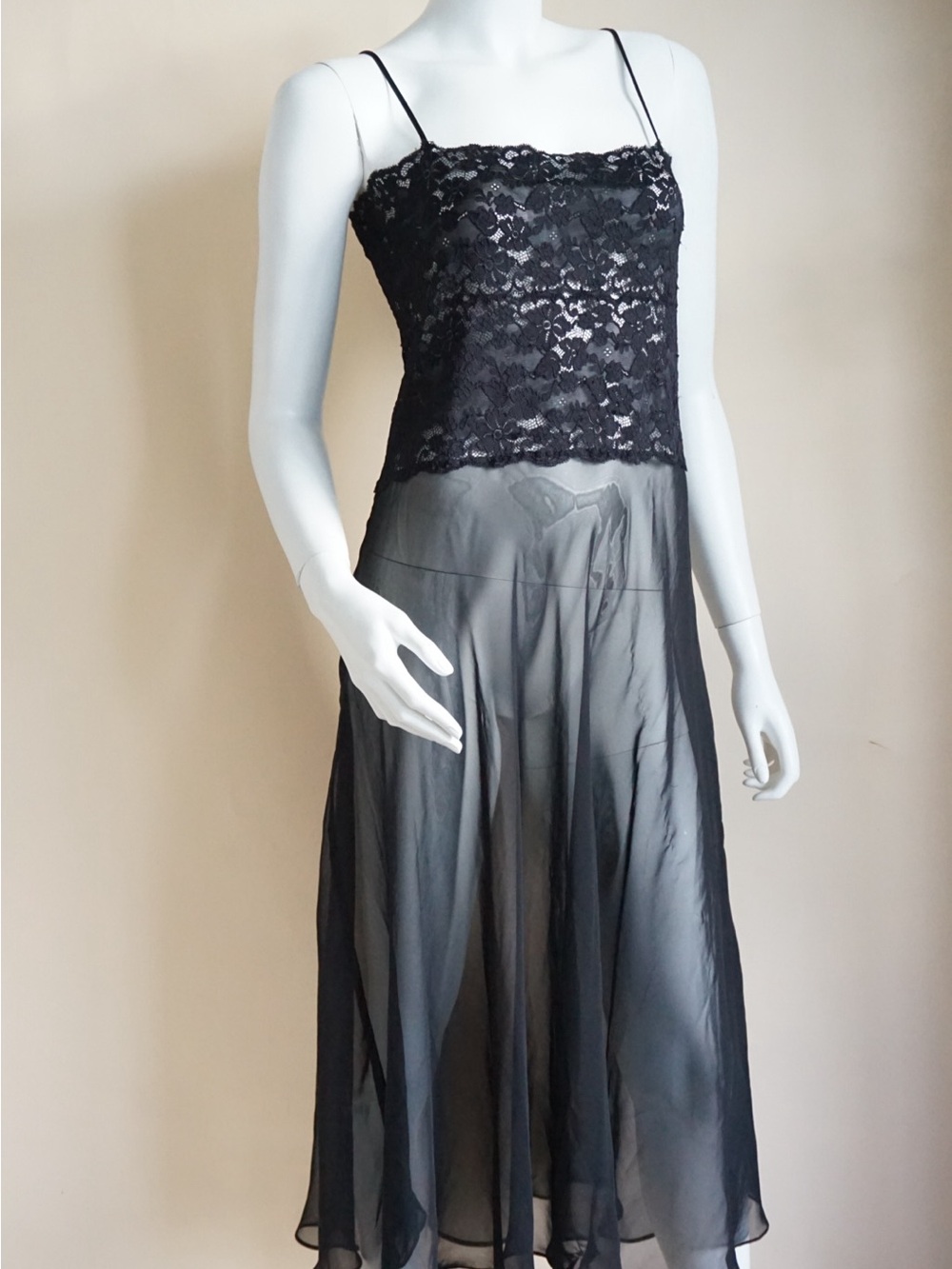 Via Nicci VTG Black Lace & Sheer Lingerie Nightgown - Size XL